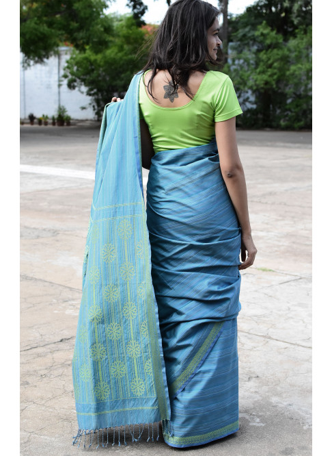 Blue &  Green, Handwoven Ahimsa Silk, Plain Weave , Jacquard, Occasion Wear  Saree